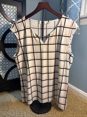 Calvin Klein Ivory Blouse with Peach and Black Windowpane Plaid